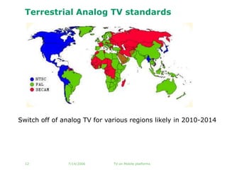 Terrestrial Analog TV standards




Switch off of analog TV for various regions likely in 2010-2014




  12           7/1...