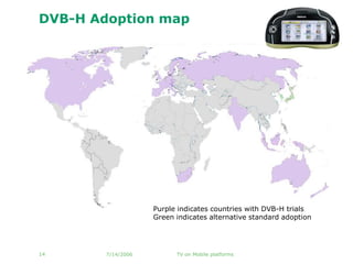 DVB-H Adoption map




                    Purple indicates countries with DVB-H trials
                    Green indicate...