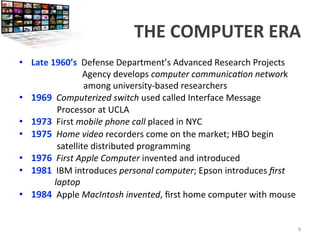 THE	
  COMPUTER	
  ERA	
  	
  
•  Late	
  1960’s	
  	
  Defense	
  Department’s	
  Advanced	
  Research	
  Projects	
  	
  
	
   	
  	
  	
  	
  	
  	
  	
  	
  	
  	
  	
  	
  	
  	
  	
  Agency	
  develops	
  computer	
  communica/on	
  network	
  	
  
	
  	
  	
  	
  	
  	
  	
  	
  	
  	
  	
  	
  	
  	
  	
  	
  	
  	
  	
  	
  	
  	
  	
  	
  	
  	
  	
  	
  	
  among	
  university-­‐based	
  researchers	
  	
  
•  1969	
  	
  Computerized	
  switch	
  used	
  called	
  Interface	
  Message	
  	
  
	
  	
  	
  	
  	
  	
  	
  	
  	
  	
  	
  	
  	
  	
  	
  	
  	
  Processor	
  at	
  UCLA	
  
•  1973	
  	
  First	
  mobile	
  phone	
  call	
  placed	
  in	
  NYC	
  
•  1975	
  	
  Home	
  video	
  recorders	
  come	
  on	
  the	
  market;	
  HBO	
  begin	
  	
  
	
  	
  	
  	
  	
  	
  	
  	
  	
  	
  	
  	
  	
  	
  	
  	
  	
  satellite	
  distributed	
  programming	
  
•  1976	
  	
  First	
  Apple	
  Computer	
  invented	
  and	
  introduced	
  
•  1981	
  	
  IBM	
  introduces	
  personal	
  computer;	
  Epson	
  introduces	
  ﬁrst	
  	
  
	
  	
  	
  	
  	
  	
  	
  	
  	
  	
  	
  	
  	
  	
  	
  	
  laptop	
  	
  
•  1984	
  	
  Apple	
  MacIntosh	
  invented,	
  ﬁrst	
  home	
  computer	
  with	
  mouse	
  
	
   8	
  
 