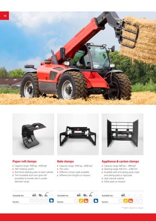 10
Bale clamps
 Capacity range: 1000 kg – 6000 kg*
 Thin arms
 Different contact pads available
 Different arm lengths on request
Appliance & carton clamps
 Capacity range: 800 kg – 1800 kg*
 Opening range: 440 mm – 2280 mm
 Available with articulating pads, triple
articulating pads or rigid pads
 High internal visibility
 Other pads on request
Suitable for:
Sector: Sector:Sector:
Suitable for:
Paper roll clamps
 Capacity range: 1000 kg – 4500 kg*
 360° rotating system
 Anti-shock retaining valve on each cylinder
 The moveable short arm gives the
possibility to handle rolls in a wide
diameter range
Suitable for:
10
* Higher capacity on request
 