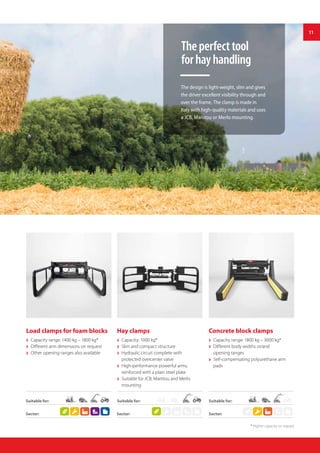 11
Concrete block clamps
 Capacity range: 1800 kg – 3000 kg*
 Different body widths or/and
opening ranges
 Self-compensating polyurethane arm
pads
Load clamps for foam blocks
 Capacity range: 1400 kg – 1800 kg*
 Different arm dimensions on request
 Other opening ranges also available
Sector:Sector: Sector:
Suitable for:Suitable for:
Theperfecttool
forhayhandling
Hay clamps
 Capacity: 1000 kg*
 Slim and compact structure
 Hydraulic circuit complete with
protected overcenter valve
 High-performance powerful arms,
reinforced with a plain steel plate
 Suitable for JCB, Manitou and Merlo
mounting
Suitable for:
The design is light-weight, slim and gives
the driver excellent visibility through and
over the frame. The clamp is made in
Italy with high-quality materials and uses
a JCB, Manitou or Merlo mounting.
11
* Higher capacity on request
 