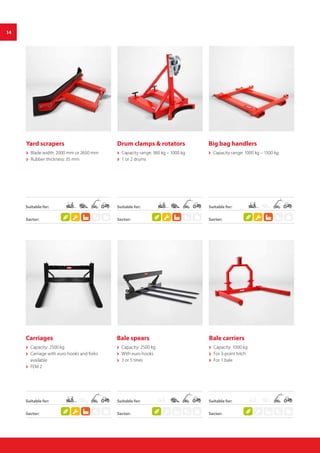 14
Yard scrapers
 Blade width: 2000 mm or 2650 mm
 Rubber thickness: 35 mm
Carriages
 Capacity: 2500 kg
 Carriage with euro hooks and forks
available
 FEM 2
Drum clamps & rotators
 Capacity range: 360 kg – 1000 kg
 1 or 2 drums
Bale spears
 Capacity: 2500 kg
 With euro hooks
 3 or 5 tines
Big bag handlers
 Capacity range: 1000 kg – 1500 kg
Bale carriers
 Capacity: 1000 kg
 For 3-point hitch
 For 1 bale
Suitable for:
Suitable for:
Sector:
Sector:
Sector:
Sector:
Sector:
Sector:
Suitable for:
Suitable for:
Suitable for:
Suitable for:
 