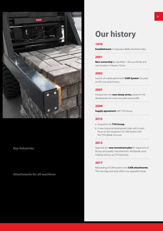 Key industries
Supported by its flexibility and experience, CAM attachments
products successfully operate in all the main sectors of the
market, such as the logistics industry, construction, food and
beverage, agricultural sector, paper handling, recycling, white
goods, manufacturing and foundry applications.
Attachments for all machines
Our attachments are made for different types of machines, such
as forklifts, skid steer loaders, telehandlers and tractor loaders.
Our history
1970
Establishment in Grignasco (Biella, Northern Italy).
2001
New ownership by Garofletti – De Luca family and
new location in Marano Ticino.
2002
Launch of a dedicated brand ‘CAM System’, focused
on lift truck attachments.
2007
Introduction of a new clamp series, based on the
development of a new extruded steel profile.
2009
Supply agreement with TVH Group.
2012
 Acquisition by TVH Group.
 A new industrial development plan with a main
focus on the integration of CAM System with
the TVH global structure.
2013
Approval of a new investment plan for expansion of
factory and quality improvements. Worldwide stock
holding roll-out via TVH branches.
2017
Rebranding of CAM System onto CAM attachments.
The new logo and style reflect our upgraded range.
5
 