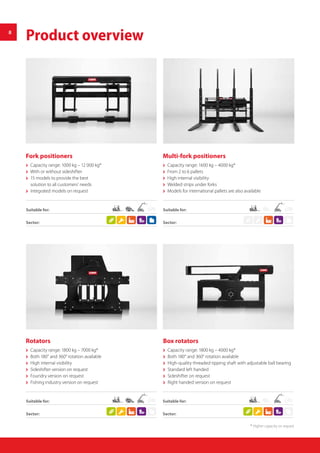 8
Product overview
Box rotators
 Capacity range: 1800 kg – 4000 kg*
 Both 180° and 360° rotation available
 High-quality threaded tipping shaft with adjustable ball bearing
 Standard left handed
 Sideshifter on request
 Right handed version on request
Rotators
 Capacity range: 1800 kg – 7000 kg*
 Both 180° and 360° rotation available
 High internal visibility
 Sideshifter version on request
 Foundry version on request
 Fishing industry version on request
Fork positioners
 Capacity range: 1000 kg – 12 000 kg*
 With or without sideshifter
 15 models to provide the best
solution to all customers’ needs
 Integrated models on request
Multi-fork positioners
 Capacity range: 1600 kg – 4000 kg*
 From 2 to 6 pallets
 High internal visibility
 Welded strips under forks
 Models for international pallets are also available
Suitable for: Suitable for:
Suitable for: Suitable for:
Sector: Sector:
Sector: Sector:
* Higher capacity on request
 