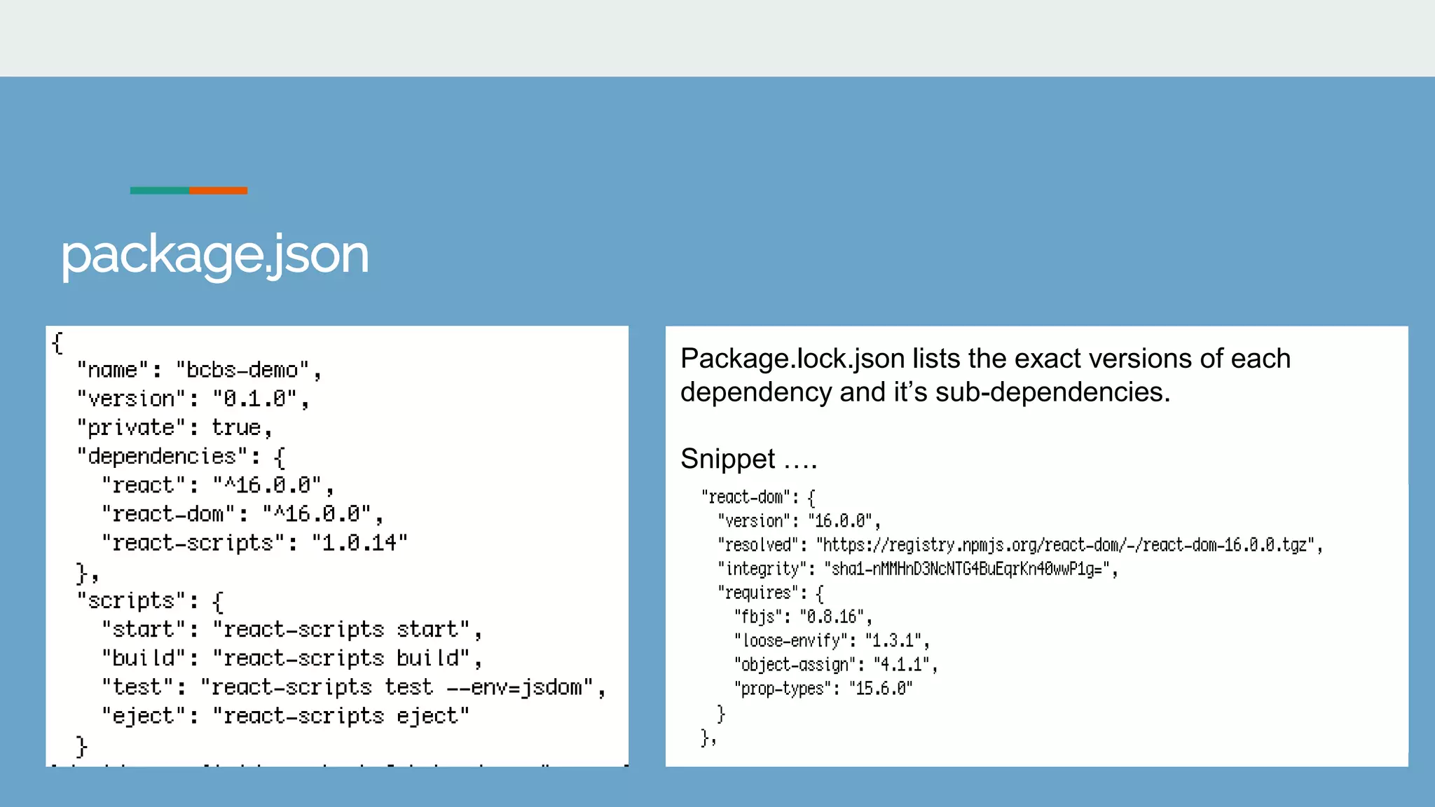 package.json
Package.lock.json lists the exact versions of each
dependency and it&rsquo;s sub-dependencies.
Snippet &hellip;.
 