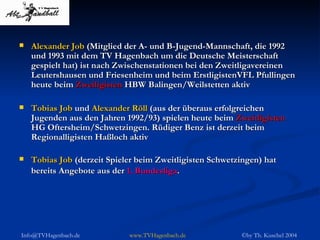 Alexander Job  (Mitglied der A- und B-Jugend-Mannschaft, die 1992 und 1993 mit dem TV Hagenbach um die Deutsche Meisterschaft gespielt hat) ist nach Zwischenstationen bei den Zweitligavereinen Leutershausen und Friesenheim und beim ErstligistenVFL Pfullingen heute beim  Zweiligisten  HBW Balingen/Weilstetten aktiv Tobias Job  und  Alexander Röll  (aus der überaus erfolgreichen Jugenden aus den Jahren 1992/93) spielen heute beim  Zweitligisten  HG Oftersheim/Schwetzingen. Rüdiger Benz ist derzeit beim Regionalligisten Haßloch aktiv Tobias Job  (derzeit Spieler beim Zweitligisten Schwetzingen) hat bereits Angebote aus der  1. Bundesliga .   