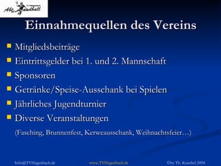 Einnahmequellen des Vereins Mitgliedsbeiträge Eintrittsgelder bei 1. und 2. Mannschaft Sponsoren  Getränke/Speise-Ausschank bei Spielen Jährliches Jugendturnier Diverse Veranstaltungen  (Fasching, Brunnenfest, Kerweausschank, Weihnachtsfeier…) 