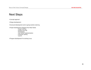 33
BIG RED ROOSTERStore of the Future Concept Design
• Concept approval
• Design development
• Scorecard development and on-going market screening
• Project development schedule (True Value Team)
- Project staffing
- Product sourcing
- Prototyping
- Test market implementation
- Consumer testing
- Launch
• Program development for existing co-op
Next Steps
 