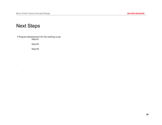 34
BIG RED ROOSTERStore of the Future Concept Design
• Program development for the existing co-op
Step #1:
Step #2:
Step #3:
.
Next Steps
 