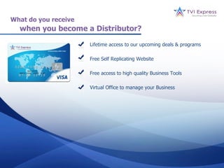 What do you receive
  when you become a Distributor?

                      Lifetime access to our upcoming deals & programs

                      Free Self Replicating Website

                      Free access to high quality Business Tools

                      Virtual Office to manage your Business
 