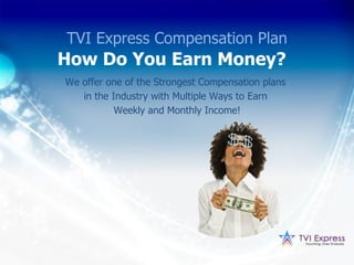 TVI Express Compensation Plan
How Do You Earn Money?
We offer one of the Strongest Compensation plans
   in the Industry with Multiple Ways to Earn
           Weekly and Monthly Income!
 