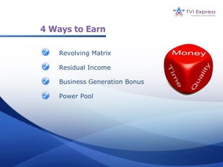 4 Ways to Earn

    Revolving Matrix

    Residual Income

    Business Generation Bonus

    Power Pool
 