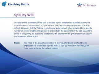 1   Revolving Matrix



        Spill by Will

        In Spillover the placement of the spill is decided by the system via a standard scan which
        runs from top to bottom & left to right and the spill joins the original sponsor’s board by
        default. However, Spill by Will is a revolutionary feature which when activated for a specific
        number of entries enables the sponsor to decide both the placement of the spill as well the
        board of the joining. By activating this feature, the sponsor or the group leader can decide
        the movement of the board.


        Note :     You need to be a qualified member in the Traveller Board or should be in
                   Express Board to activate "Spill by Will". If Spill by Will is not activated, Spill
                   Over stays active as the default system.
 