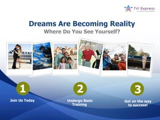 Dreams Are Becoming Reality
                Where Do You See Yourself?




    1                      2                      3
Join Us Today          Undergo Basic         Get on the way
                         Training              to success!
 