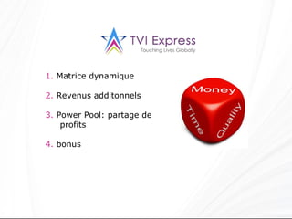 1.  Matrice dynamique 2.  Revenus additonnels 3.  Power Pool: partage de profits 4.  bonus www.ExpressOutNow.com 
