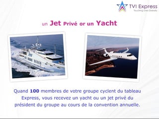 un  Jet  Privé   or un  Yacht  Quand  100  membres de votre groupe cyclent du tableau Express, vous recevez un yacht ou un jet privé du président du groupe au cours de la convention annuelle. 