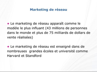 Le marketing de réseau apparaît comme le modèle le plus influant (43 millions de personnes dans le monde et plus de 75 milliards de dollars de vente réalisées) Le marketing de réseau est enseigné dans de nombreuses  grandes écoles et université comme Harvard et Standford  Marketing de réseau www.ExpressOutNow.com 