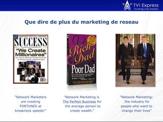 Que dire de plus du marketing de reseau “ Network Marketers are creating FORTUNES at breakneck speeds!” "Network Marketing is  The Perfect Business  for  the average person to create wealth." “ Network Marketing:  the industry for people who want to change their lives” 