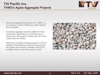 13
TVI Pacific Inc.
TVIRD’s Agata Aggregate Projects
• Owned by Agata Mining Venture Inc. (“AMVI”), a
JV company in which TVIRD has a 60% interest
and is operator.
• A potential aggregate deposit suitable for many
construction applications, as confirmed by an
initial 6-hole drill program in December 2017 and
independent lab studies.
• AMVI has completed a drilling program in 2018 to
establish independently confirmed resources for
this deposit and expects to release a NI 43-101
compliant report in the third quarter of 2019.
 