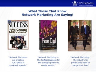 What Those That Know  Network Marketing Are Saying!  “ Network Marketers are creating FORTUNES at breakneck speeds!” "Network Marketing is  The Perfect Business  for  the average person to create wealth." “ Network Marketing:  the industry for people who want to change their lives” 