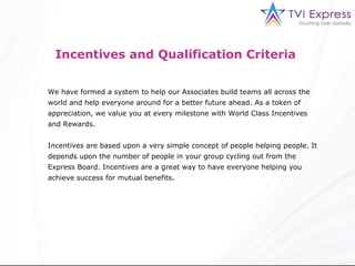 Incentives and Qualification Criteria  We have formed a system to help our Associates build teams all across the world and...