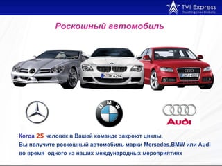 Роскошный автомобиль   Когда  25  человек в Вашей команде закроют циклы, Вы получите роскошный автомобиль марки  Mersedes , BMW  или  Audi  во время  одного из наших международных мероприятиях 