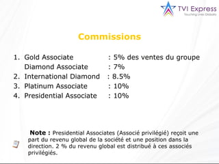 Note :   Presidential Associates (Associé privilégié) reçoit une part du revenu global de la société et une position dans la direction. 2 % du revenu global est distribué à ces associés privilégiés. Gold Associate      : 5% des ventes du groupe Diamond Associate    : 7% International Diamond  : 8.5% Platinum Associate    : 10% Presidential Associate    : 10% Commissions 