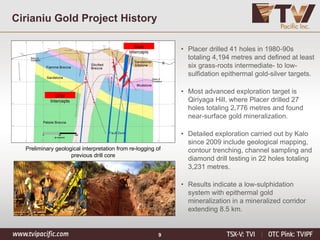 9
• Placer drilled 41 holes in 1980-90s
totaling 4,194 metres and defined at least
six grass-roots intermediate- to low-
sulfidation epithermal gold-silver targets.
• Most advanced exploration target is
Qiriyaga Hill, where Placer drilled 27
holes totaling 2,776 metres and found
near-surface gold mineralization.
• Detailed exploration carried out by Kalo
since 2009 include geological mapping,
contour trenching, channel sampling and
diamond drill testing in 22 holes totaling
3,231 metres.
• Results indicate a low-sulphidation
system with epithermal gold
mineralization in a mineralized corridor
extending 8.5 km.
Cirianiu Gold Project History
Gold
Intercepts
Gold
Intercepts
Preliminary geological interpretation from re-logging of
previous drill core
 