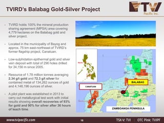 16
TVIRD’s Balabag Gold-Silver Project
Manila
CANATUAN
ZAMBOANGA PENINSULA
BALABAG
• TVIRD holds 100% the mineral production
sharing agreement (MPSA) area covering
4,779 hectares on the Balabag gold and
silver project.
• Located in the municipality of Bayog and
approx. 75 km east-northeast of TVIRD’s
former flagship project, Canatuan.
• Low-sulphidation epithermal gold and silver
vein deposit with total of 296 holes drilled
for 34,156 m since 2005.
• Resource of 1.78 million tonnes averaging
2.34 g/t gold and 72.3 g/t silver for
contained metal of 134,262 ounces of gold
and 4,148,196 ounces of silver.
• A pilot plant was established in 2013 to
carry out metallurgical test work with initial
results showing overall recoveries of 93%
for gold and 90% for silver after 36 hours
of leach time.
 