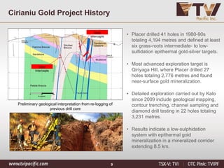 9
• Placer drilled 41 holes in 1980-90s
totaling 4,194 metres and defined at least
six grass-roots intermediate- to low-
sulfidation epithermal gold-silver targets.
• Most advanced exploration target is
Qiriyaga Hill, where Placer drilled 27
holes totaling 2,776 metres and found
near-surface gold mineralization.
• Detailed exploration carried out by Kalo
since 2009 include geological mapping,
contour trenching, channel sampling and
diamond drill testing in 22 holes totaling
3,231 metres.
• Results indicate a low-sulphidation
system with epithermal gold
mineralization in a mineralized corridor
extending 8.5 km.
Cirianiu Gold Project History
Gold
Intercepts
Gold
Intercepts
Preliminary geological interpretation from re-logging of
previous drill core
 