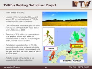 TVIRD’s Balabag Gold-Silver Project
17
Manila
CANATUAN
ZAMBOANGA PENINSULA
BALABAG
• 100% owned by TVIRD.
• Located in the municipality of Bayog and
approx. 75 km east-northeast of TVIRD’s
former flagship project, Canatuan.
• Low-sulphidation epithermal gold and silver
vein deposit with total of 296 holes drilled
for 34,156 m since 2005.
• Resource of 1.78 million tonnes averaging
2.34 g/t gold and 72.3 g/t silver for
contained metal of 134,262 ounces of gold
and 4,148,196 ounces of silver.
• A pilot plant was established in 2013 to
carry out metallurgical test work with initial
results showing overall recoveries of 93%
for gold and 90% for silver after 36 hours
of leach time.
• A starter project with potential to be
expanded with further exploration.
 
