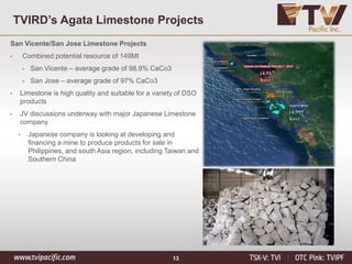 13
TVIRD’s Agata Limestone Projects
San Vicente/San Jose Limestone Projects
• Combined potential resource of 149Mt
• San Vicente – average grade of 98.9% CaCo3
• San Jose – average grade of 97% CaCo3
• Limestone is high quality and suitable for a variety of DSO
products
• JV discussions underway with major Japanese Limestone
company
• Japanese company is looking at developing and
financing a mine to produce products for sale in
Philippines, and south Asia region, including Taiwan and
Southern China
 