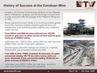 5
History of Success at the Canatuan Mine
• Located in the Province of Zamboanga del Norte on the Philippine
Island of Mindanao, Canatuan was the first foreign-invested mine
to reach production after the passage of the Philippine Mining Act
of 1995.
• Mining operations focused initially on an overlying oxidized gossan
zone of the Canatuan orebody containing gold and silver and
subsequently on an underlying primary sulphide zone containing
copper and zinc.
• From 2004 to mid-2008 the mine produced over 105,200
ounces of gold and 1.8 million ounces of silver doré for gross
revenues of US$86.0 million.
• Initial capex was ~US$10 million prior to 2005 and total capex was
US$29 million over life of gold-silver operations.
• Once the upper zone of the orebody was mined out, a sulphide
flotation plant was completed in November 2008.
• From 2009 to 2014, TVIRD completed 39 shipments of copper
concentrate totaling 199,778 dry metric tonnes (dmt) and
seven shipments of zinc concentrate totaling 30,548 dmt for
gross revenues of US$393.0 million.
• Initial capex was US$28.3 million and total capex was $44.8
million over the life of the copper/zinc operations.
 
