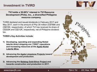 9
Investment in TVIRD
TVI holds a 30.66%* interest in TVI Resource
Development (Phils), Inc., a diversified Philippine
resource company.
TVIRD declared and issued dividends in February 2017 and
May 2017, each in the amount of Php 30 million (C$788K and
C$816K, respectively), of which TVI has received its share of
C$205K and C$212K, respectively, net of Philippine dividend
tax.
AGATA
Nickel Laterite
Nickel Processing
Limestone
BALABAG
Gold-Silver
North
Zamboanga
Exploration
CANATUAN
Agribusiness & Exploration
LUZON
Manila
MINDANAO
* TVI has the option to increase its ownership of TVIRD to 31.6% once TVIRD lists on the Philippine Stock Exchange
TVIRD’s Key Activities include:
1) Developing, operating and expanding Nickel
laterite direct shipping ore (“DSO”) operations
and increasing resources at the Agata Nickel
Laterite Mine.
2) Advancing the Agata Limestone Projects toward
development and production.
3) Advancing the Balabag Gold-Silver Project and
towards construction and production in 2017.
 