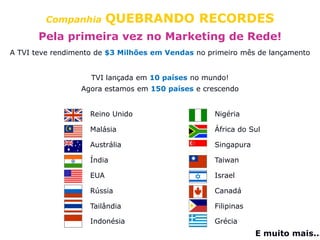 CompanhiaQUEBRANDO RECORDESPela primeira vez no Marketing de Rede!A TVI teve rendimento de $3 Milhões em Vendas no primeiro mês de lançamento (Janeiro 2009)TVI lançada em 10 países no mundo!Agora estamos em 150 países e crescendoReino Unido	Malásia	Austrália		ÍndiaEUA		RússiaTailândiaIndonésiaNigériaÁfrica do SulSingapuraTaiwanIsraelCanadáFilipinasGréciaE muito mais...