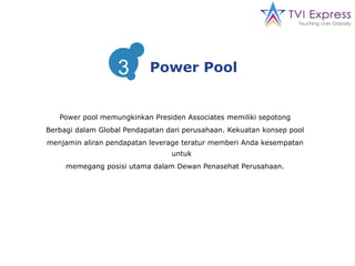 Power  pool  memungkinkan Presiden Associates memiliki sepotong Berbagi dalam Global Pendapatan dari perusahaan. Kekuatan konsep  pool menjamin aliran pendapatan leverage teratur memberi Anda kesempatan untuk memegang posisi utama dalam Dewan Penasehat Perusahaan. 3 Power Pool 3 
