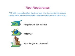 Tiga Megatrends TVI telah menggabungkan tig a  trend saat ini untuk membentuk sebuah Konsep bisnis yang memanfaatkan kekuatan masing-masing dari mereka Perjalanan dan wisata Internet Bisa kerjakan di rumah 