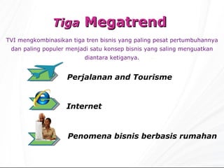 T iga  Megatrend  TVI  mengkombinasikan tiga tren bisnis yang paling pesat pertumbuhannya dan paling populer menjadi satu konsep bisnis yang saling menguatkan diantara ketiganya. Perjalanan  and T o urism e I nternet Penomena bisnis berbasis rumahan 