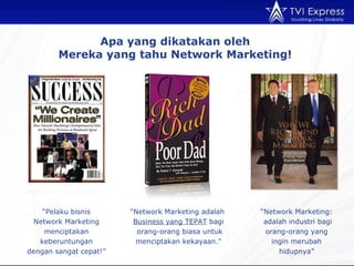 Apa yang dikatakan oleh   Mereka yang tahu  Network Marketing!  “ Pelaku bisnis  Network Market ing menciptakan keberuntungan dengan sangat cepat !” "Network Marketing  adalah   Business  yang TEPAT   bagi   orang-orang biasa untuk menciptakan kekayaan ." “ Network Marketing:  adalah  industr i   bagi orang-orang yang ingin merubah hidupnya ” 
