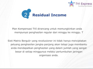 Plan Kompensasi  TVI  dirancang untuk memungkinkan anda mempunyai penghasilan regular dari minggu ke minggu.  T Sisti Matrix Bergulir yang revolusioner ini tidak hanya menciptakan peluang penghasilan jangka panjang akan tetapi juga membantu anda mendapatkan penghasilan yang dalam jumlah yang sangat besar di setiap minggunya melalui pertumbuhan jaringan organisasi anda. Residual Income 2 