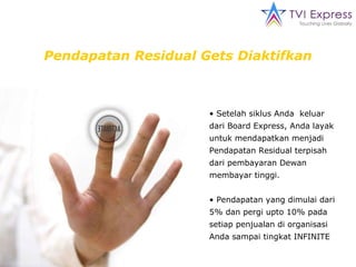 Pendapatan Residual Gets Diaktifkan •  Setelah  siklus  Anda  keluar dari  Board  Express, Anda  layak  untuk mendapatkan  menjadi  Pendapatan Residual terpisah dari pembayaran Dewan membayar tinggi. •  Pendapatan yang dimulai dari 5% dan pergi upto 10% pada setiap penjualan di organisasi Anda sampai tingkat INFINITE 