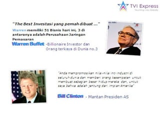 Backing  Financial  Perusahaan TVI  dimodali oleh sebuah grup prestise yang mempunyai  banyak bisnis yang sukses diseantero dunia . Travel Ventures International  (TVI) Limited Mengawali usaha dengan sebuah tim Entrepreneurs yang sangat sukses yang telah berpengalaman di banyak  industri termasuk Perjalanan dan Wisata, Real Estate, Tehnologi Informatika, Pelatihan, dengan pengalaman utama di industri  Network Marketing   