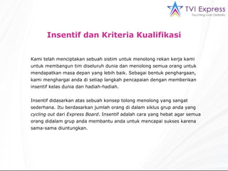 Insentif dan Kriteria Kualifikasi Kami telah menciptakan sebuah sistim untuk menolong rekan kerja kami untuk membangun tim diseluruh dunia dan menolong semua orang untuk mendapatkan masa depan yang lebih baik. Sebagai bentuk penghargaan, kami menghargai anda di setiap langkah pencapaian dengan memberikan insentif kelas dunia dan hadiah-hadiah. Insentif didasarkan atas sebuah konsep tolong menolong yang sangat sederhana. Itu berdasarkan jumlah orang di dalam siklus grup anda yang  cycling out  dari  Express Board . Insentif adalah cara yang hebat agar semua orang didalam grup anda membantu anda untuk mencapai sukses karena sama-sama diuntungkan. 