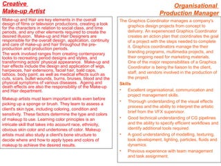 Creative
Make-up Artist
Make-up and Hair are key elements in the overall
design of films or television productions, creating a look
for the characters in relation to social class, and time
periods, and any other elements required to create the
desired illusion. Make-up and Hair Designers are
responsible for the overall design, application, continuity
and care of make-up and hair throughout the preproduction and production periods.
The work involved ranges from creating contemporary
looks to recreating period designs and styles, and
transforming actors' physical appearance. Make-up and
hair effects include the design and application of wigs,
hairpieces, hair extensions, facial hair, bald caps,
tattoos, body paint; as well as medical effects such as
cuts, scars, bullet wounds, burns, bruises, blood and the
physical symptoms of various diseases. Ageing and
death effects are also the responsibility of the Make-up
and Hair department.
Makeup artists must learn important skills even before
picking up a sponge or brush. They learn to assess a
client's skin type, including coloring, condition and
sensitivity. These factors determine the type and colors
of makeup to use. Learning color principles is an
intricate skill that takes into account race, ethnicity,
obvious skin color and undertones of color. Makeup
artists must also study a client's bone structure to
decide where and how to apply types and colors of
makeup to achieve the desired results.

Organisational
Production Manager
The Graphics Coordinator manages a company's
graphics design projects from concept to
delivery. An experienced Graphics Coordinator
creates an action plan that coordinates the goal
of a project with the steps needed to complete
it. Graphics coordinators manage the their
branding programs, multimedia projects, and
their ongoing need for marketing materials.
One of the major responsibilities of a Graphics
Coordinator is being the liaison to the client,
staff, and vendors involved in the production of
the project.
Skills
•
Excellent organisational, communication and
project management skills.
•
Thorough understanding of the visual effects
process and the ability to interpret the artistic
brief from the VFX supervisor.
•
Good technical understanding of CG pipelines
and the ability to specify efficient workflows and
identify additional tools required.
•
A good understanding of modelling, texturing,
look development, lighting, particles, fluids and
dynamics.
•
Previous experience with team management
and task assignment.

 