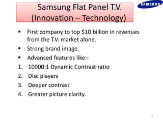      Samsung Flat Panel T.V.    (Innovation – Technology)First company to top $10 billion in revenues from the T.V. market alone.