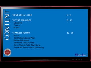 CONTENT
          TREND 2011 vs. 2010                      5-6

          THE TOP RANIKINGS                        8 - 10
          - Categories
          - Players
          - Brands

          CHANNELS REPORT                          12 - 20
          - Top 25
          - Top Channels Genre Wise
          - Regional Channels
          - Top Prime Time Channels
          - Genre Share in Total Advertising
          - Time Band Share in Total Advertising
 