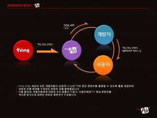 는 세상의 모든 개발자들이 손쉽게   의  와 영상 콘텐츠를 활용할 수 있도록 틀을 제공하여
새로운 유통 체계를 구성하는 콘텐츠 유통 플랫폼입니다
이를 통하여 개발자들에겐 새로운 수익 창출의 기회가 사용자에겐   영상 콘텐츠를
색다른 방식으로 접하는 새로운 생태계가 구성됩니다
 