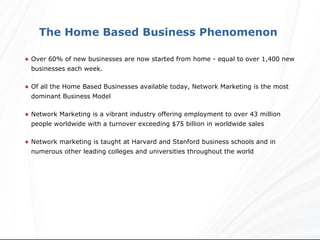 Over 60% of new businesses are now started from home - equal to over 1,400 new  businesses each week.  Of all the Home Based Businesses available today, Network Marketing is the most  dominant Business Model Network Marketing is a vibrant industry offering employment to over 43 million  people worldwide with a turnover exceeding $75 billion in worldwide sales Network marketing is taught at Harvard and Stanford business schools and in  numerous other leading colleges and universities throughout the world The Home Based Business Phenomenon  