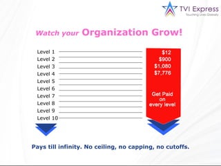 Watch your   Organization Grow!   Level 1 Level 2 Level 3 Level 4 Level 5 Level 6 Level 7 Level 8 Level 9 Level 10 Pays till infinity. No ceiling, no capping, no cutoffs. $12 $900 $1,080 $7,776 