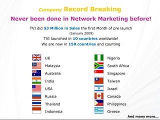 Company   Record Breaking Never been done in Network Marketing before! TVI did  $3 Million in Sales  the first Month of pre launch (January 2009) TVI launched in  10 countries  worldwide! We are now in  150 countries  and counting UK Malaysia Australia India USA Russia Thailand Indonesia Nigeria South Africa Singapore Taiwan Israel Canada Philippines Greece And many more... 
